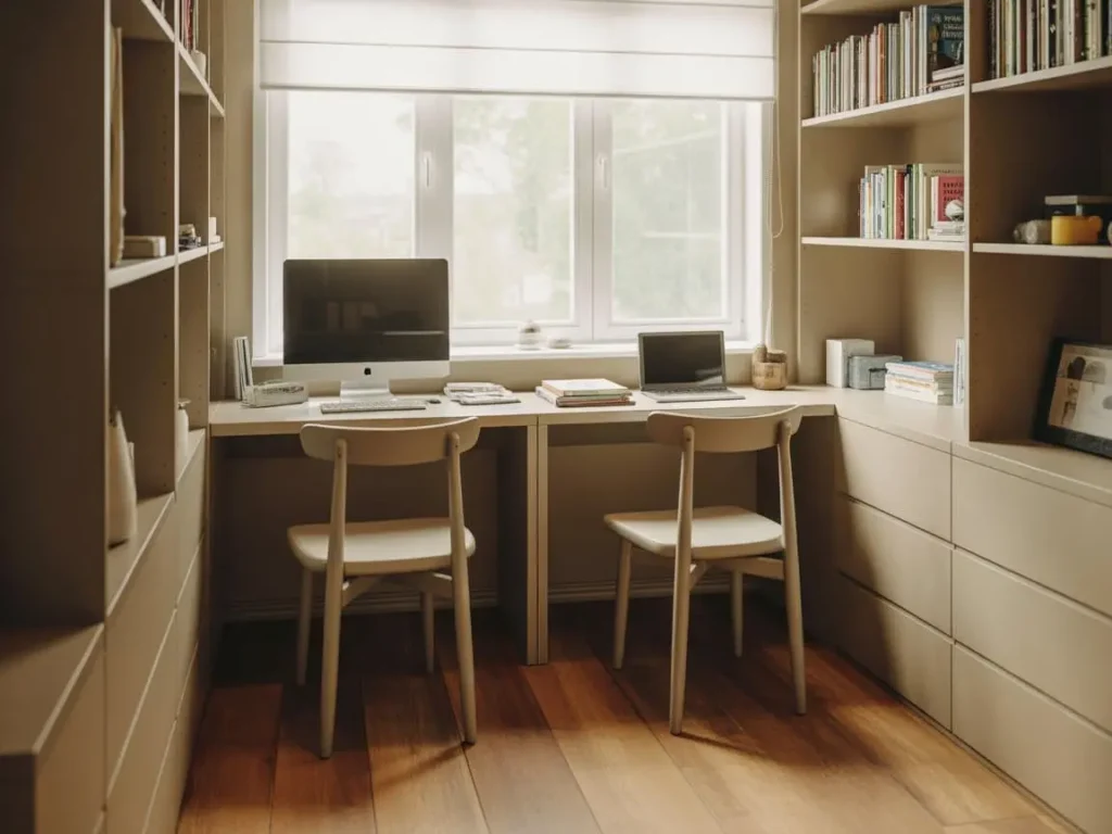 Espacio de trabajo con escritorio doble tras creacion de despacho mediante tabiques de pladur en albacete