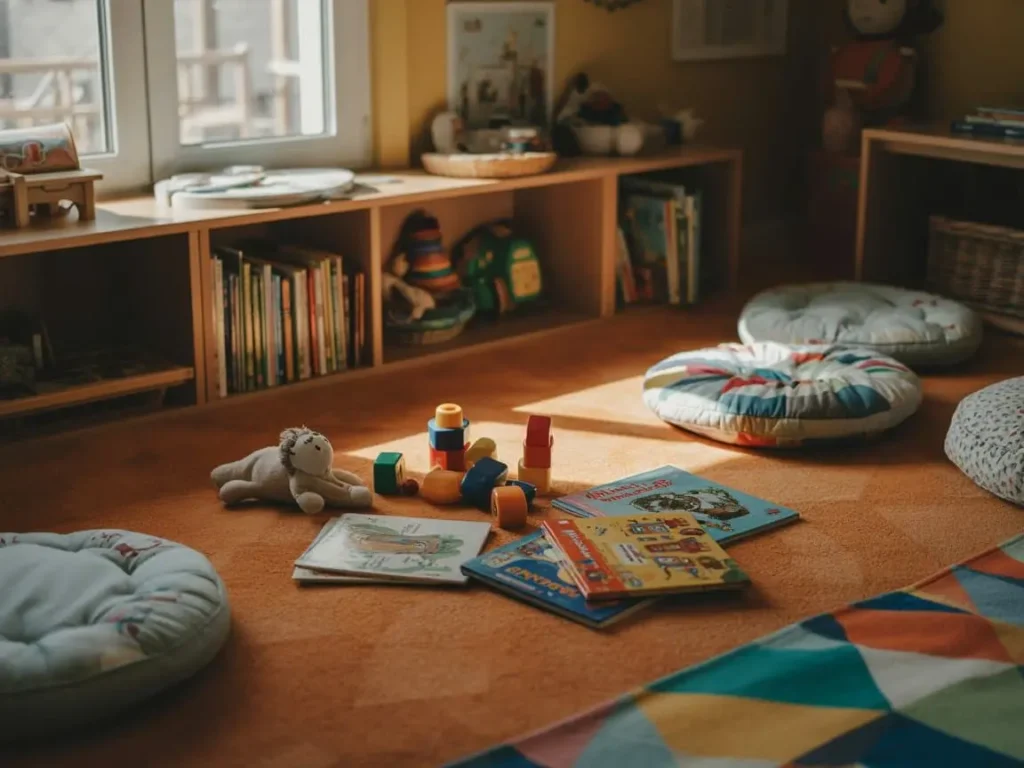 Zona infantil con libros y juguetes tras crear zona de juego con tabiques de pladur