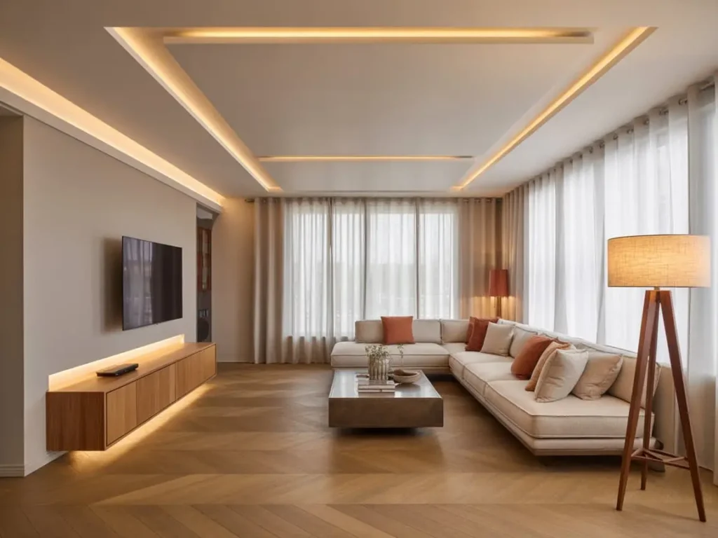 Salon moderno con televisor instalado en tabique con refuerzo para colgar televisor