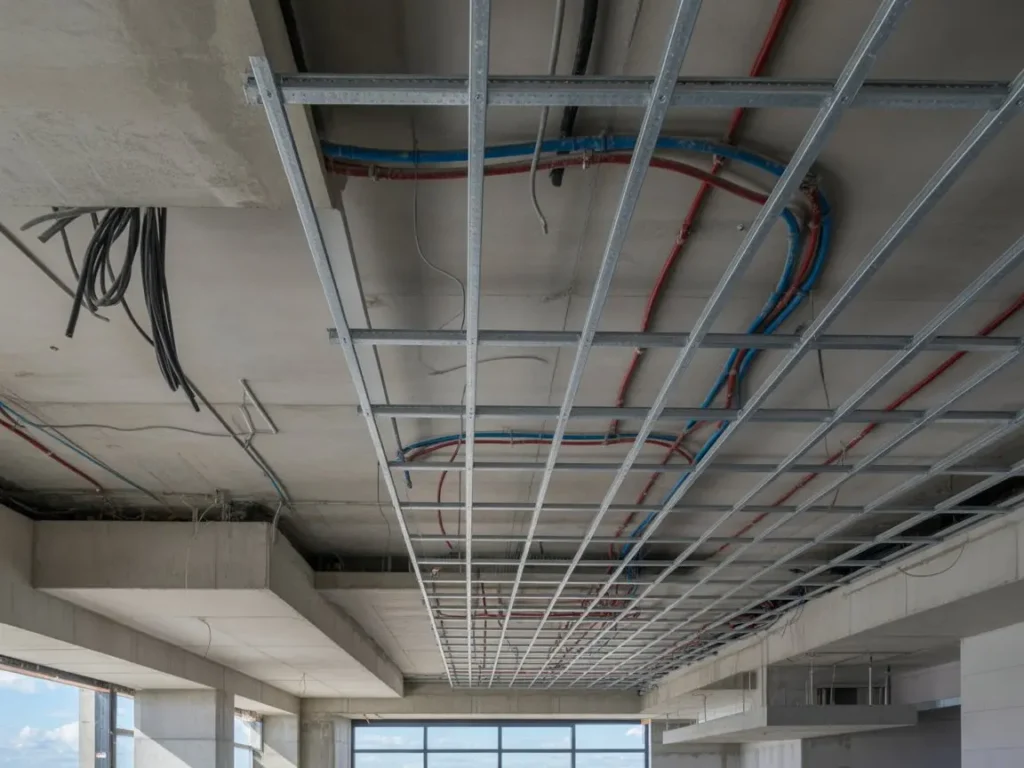 Estructura metálica para bajada de techo con pladur en Albacete con instalaciones visibles
