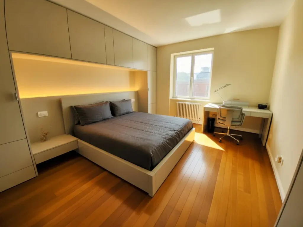 Cabecero de pladur en dormitorio moderno con iluminacion integrada y armarios empotrados