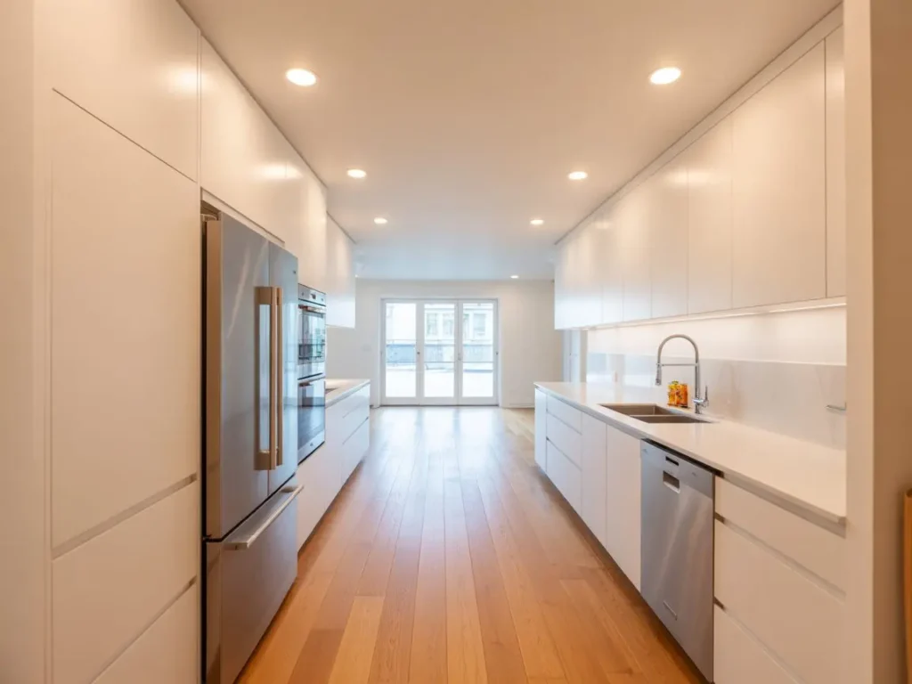 Cocina moderna en Albacete con techo de pladur uniforme y focos empotrados