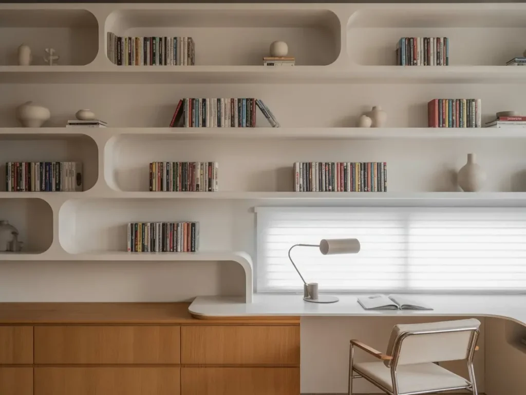 Estanteria de pladur a medida en dormitorio domestico con baldas curvas, libros y escritorio