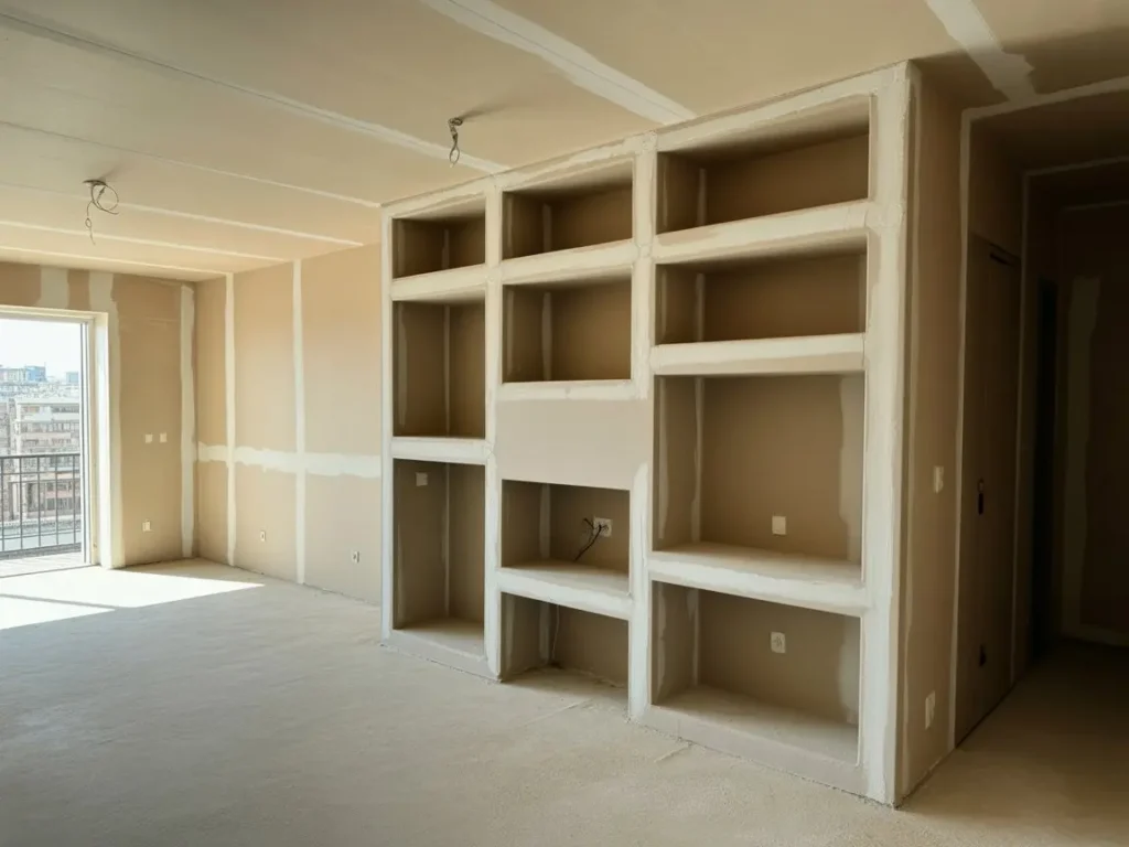 Mueble de pladur a medida para TV en salon con nichos abiertos