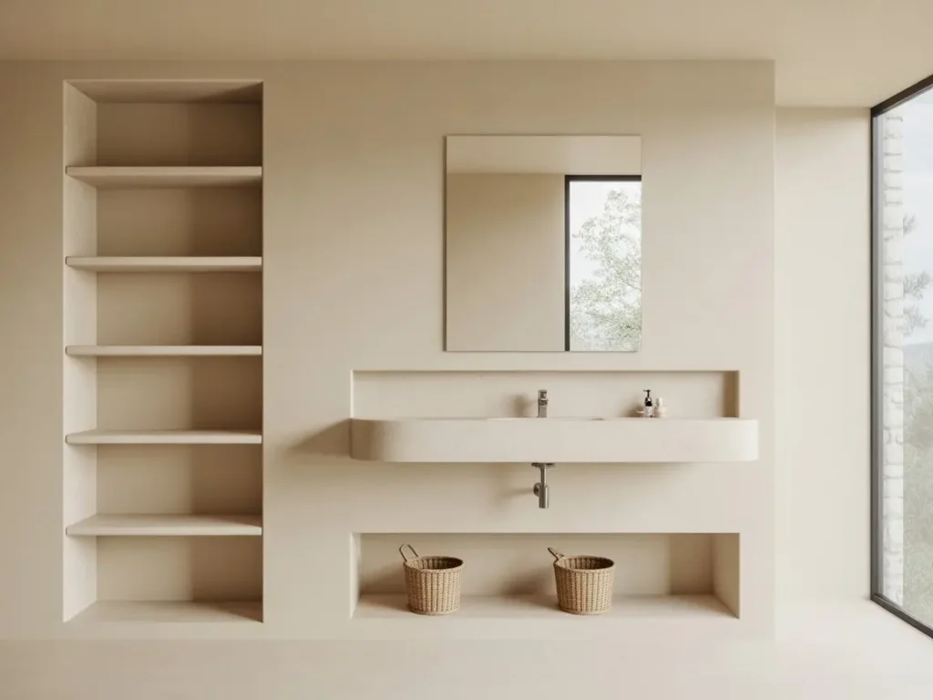 Muebles de pladur a medida para baño con nicho inferior y estanteria lateral