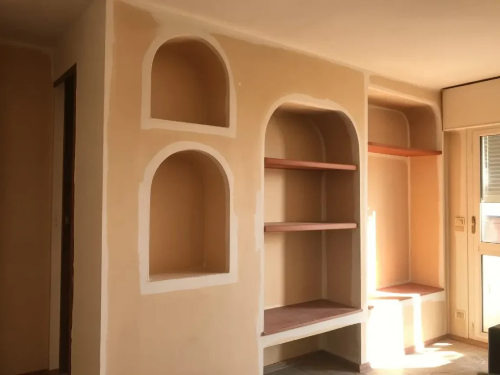 Nichos de pladur y estanteria con madera integrada en pared interior de vivienda