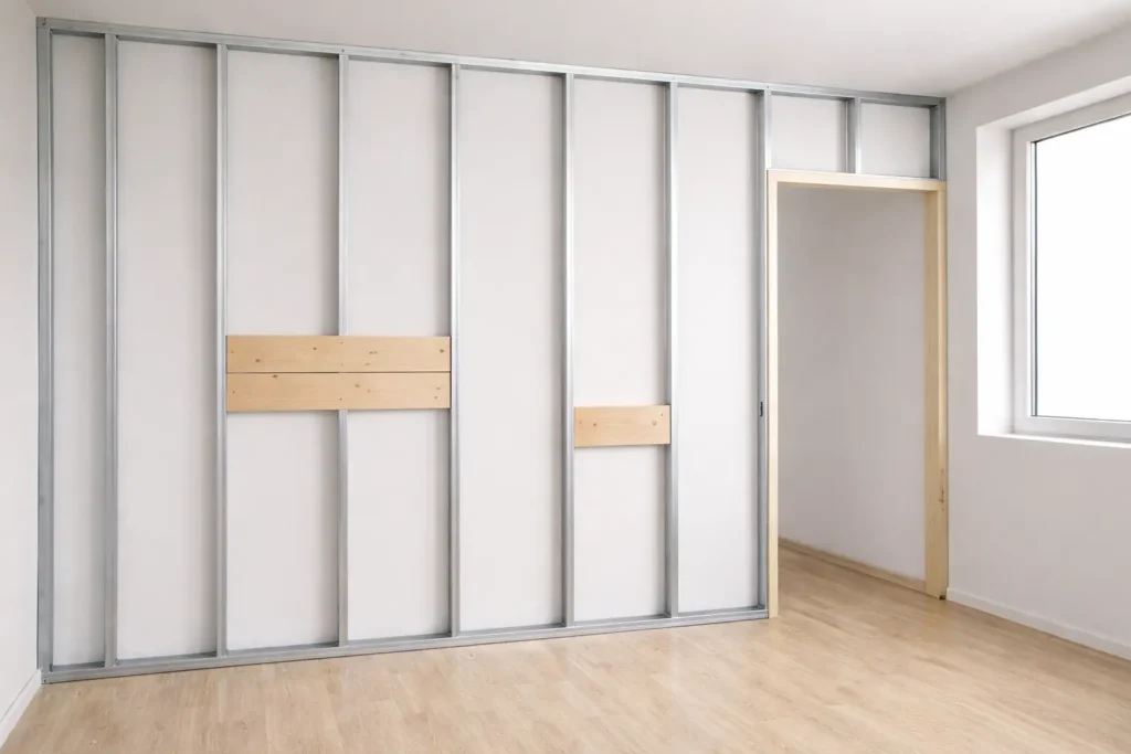 Estructura metálica con refuerzos de pladur instalada en tabique interior durante obra de vivienda