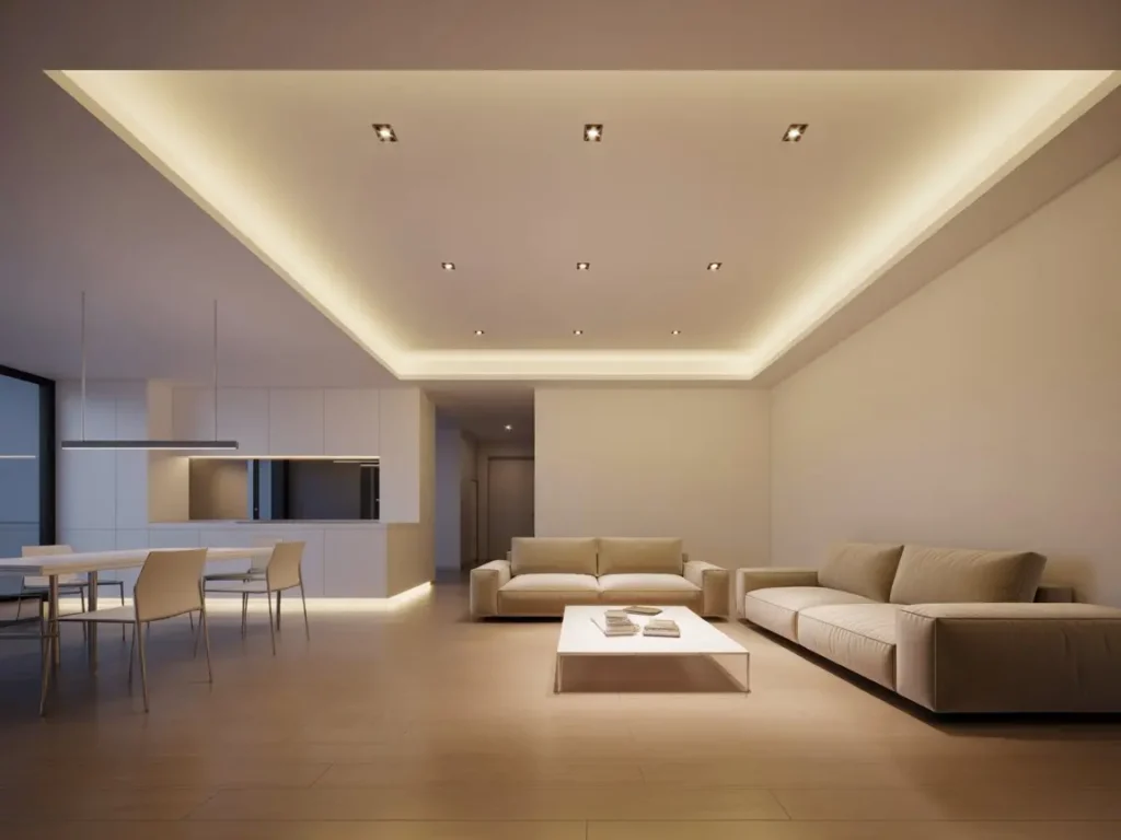 Salón moderno con techo de pladur y iluminación LED perimetral integrada
