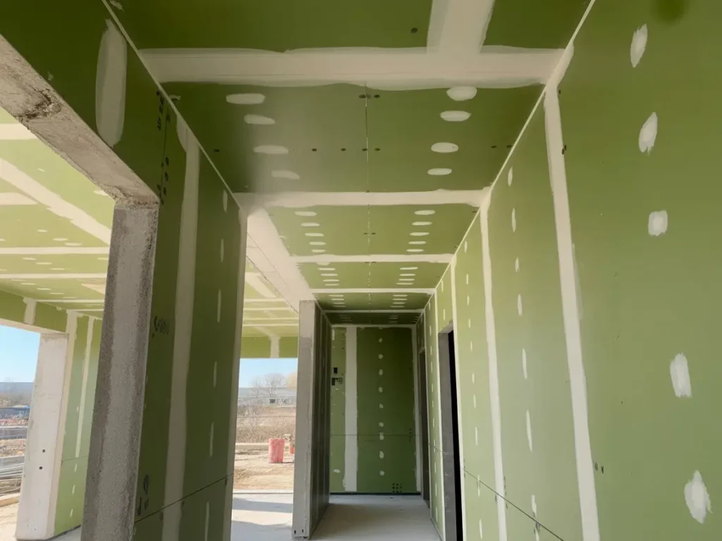 Pasillo en obra con techo de pladur instalado y juntas en proceso de acabado