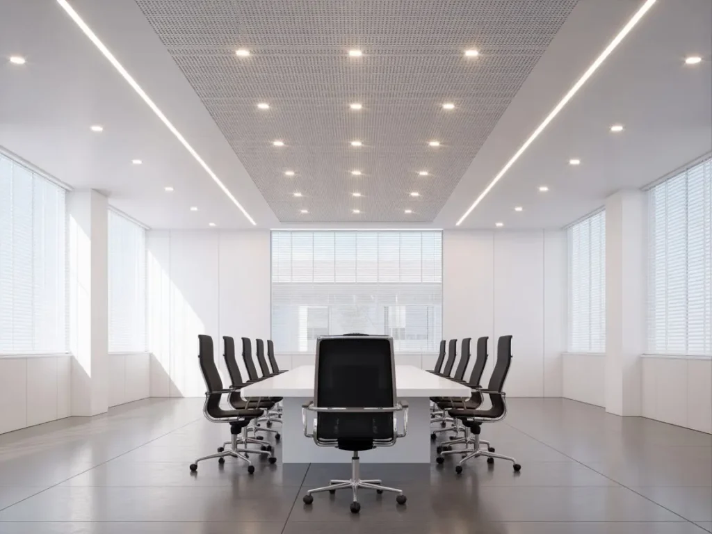 Sala de reuniones con techo técnico registrable y luminarias integradas en oficina moderna