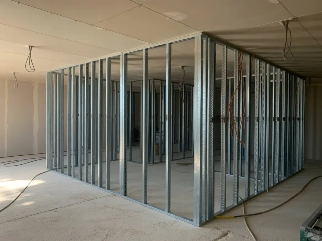 Estructura de trasdosados de pladur para vivienda en Albacete con perfilería metálica instalada